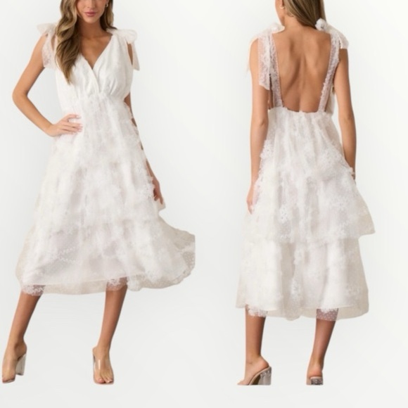 JUST ME White Lace Sleeveless Deep V-Neck Tiered Midi Dress Size L Open Back - Picture 1 of 16